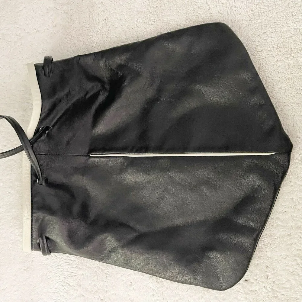 Vintage Black Leather Shoulder Bucket Drawstring Bag with White Trim Artsy 90s